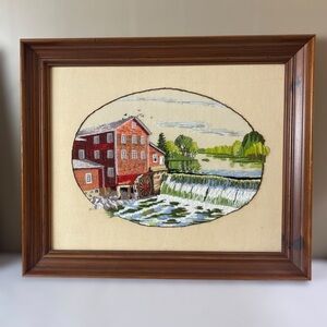 Vintage Crewel Needlepoint Wall Folk Art Picture Framed Wood Grist Mill Lake